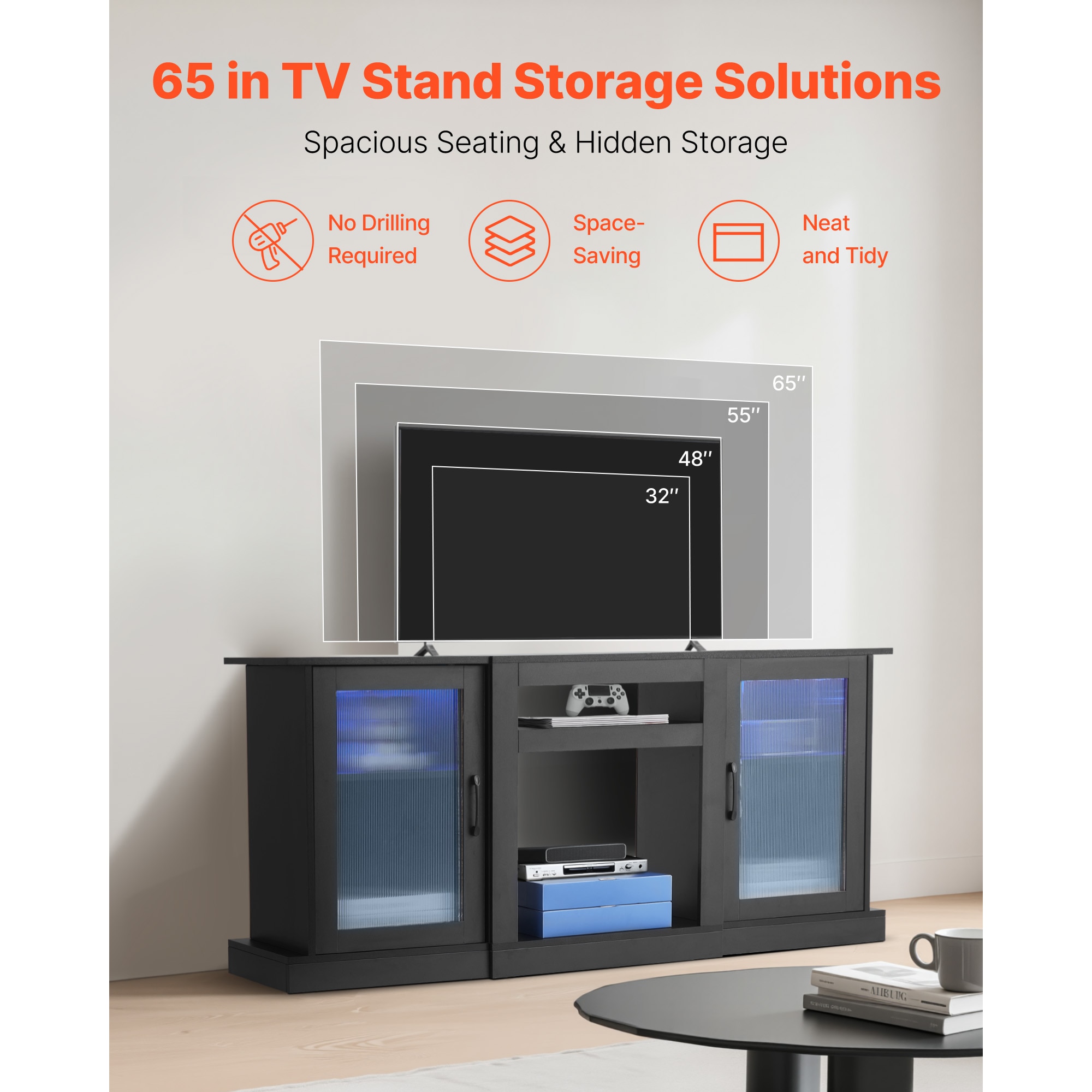 TV Stand For TVs Up To 65 Inch, Modern Entertainment Center With Light Strip, Wooden TV Cabinet Storage With Glass Doors And Adjustable Shelves, Console Table For Living Room And Bedroom, Black_maomaolike.com